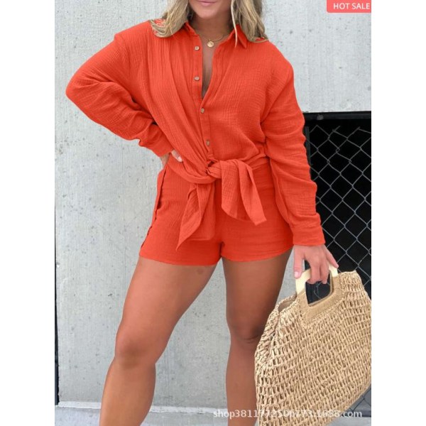 Langermet skjorte og shorts med høy midje 2-delt sett oransje-rød-3XL