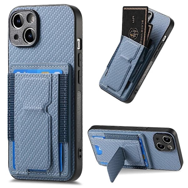 Til iPhone 15 Kulfiber Foldbart Stativ Elastisk Kortlomme Telefoncover