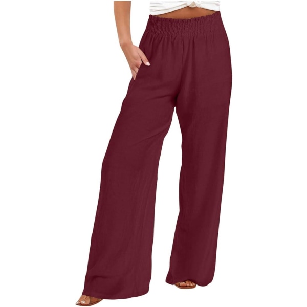 Palazzo-bukser i hør til kvinder Sommer afslappet højtaljede bukser med brede ben Boho Flowy Beach Lounge-bukser med lommer