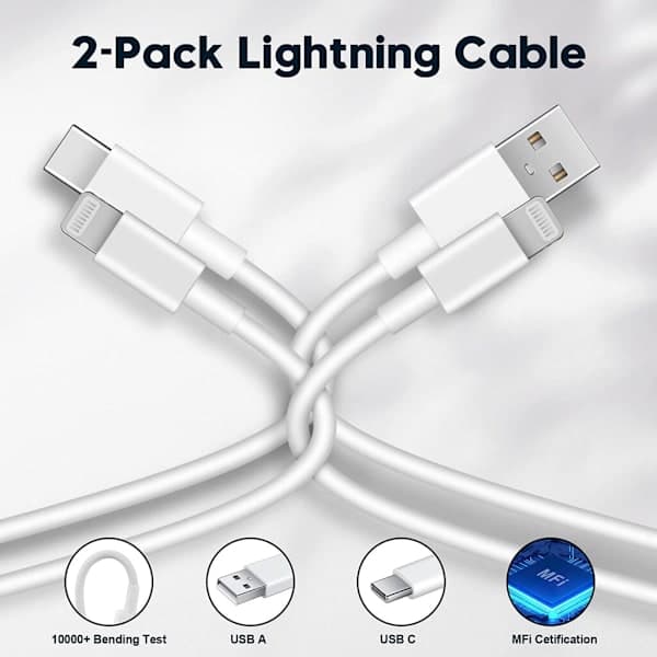 2 iPhone-kabler, én USB-A og én USB-C 2 stk kabler 2 st kablar