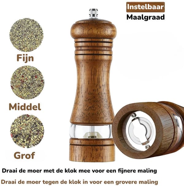 Oak Wood Salt and Pepper Grinder Set, 2-Pack, Manual Adjustable Ceramic Grinder with Acrylic Window, for Kitchen Cooking and Dining Table
