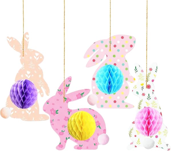 Easter Honeycomb Centerpiece with String 4 pcs Paper Easter Bunny Decorations 12x23cm