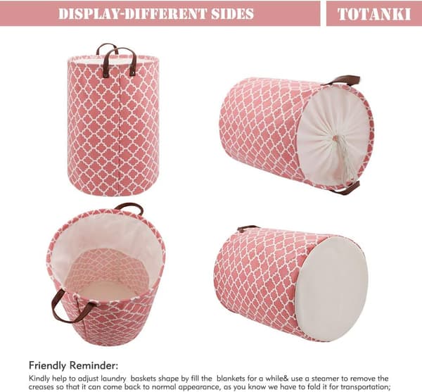 72L Thickened Extra Large Laundry Hamper with Durable Leather Handle Waterproof Inside, Drawstring Round Cotton Linen Foldable Storage Basket (Pink)