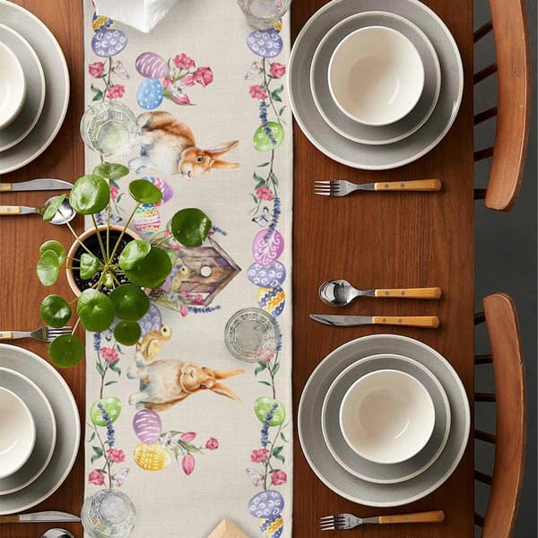 Easter Egg Table Runner - Festive Home Decor | Anti-dirt Tablecloth | Rabbit Flowers Leaves Easter Table Runner (183 X 33cm)