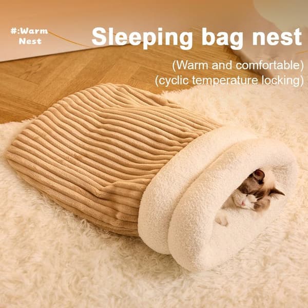 Cat Sleeping Bag for Indoor Cats, Plush Cat Sack, Self-Warming Cat Bed (Brown, M)
