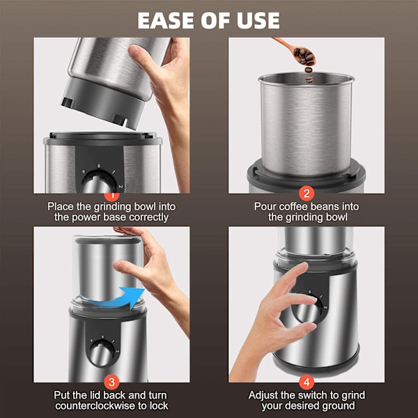 Elektrisk kaffekvern med avtakbar beholder, justerbar kaffebønnkvern for bønner, krydder, urter, nøtter, linfrø, rustfritt stål