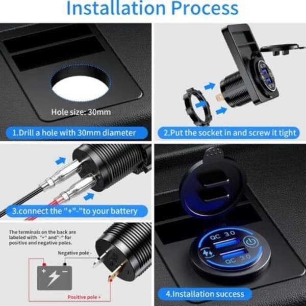 Dual USB 3.0 Charger, 12V/24V Waterproof USB Socket with Touch Switch for Car, Boat, RV, Blue