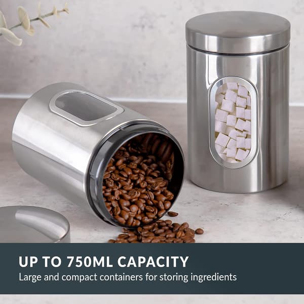 3-piece Kitchen Canister Set - Suitable for Sugar, Tea, Coffee, etc - Multiple Food Storage Jars - Silver