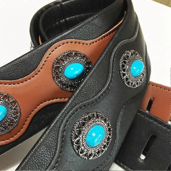 Guitar Strap Ethnic Style Leather Adjustable Acoustic Electric Black