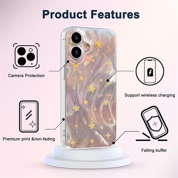 Trendy Slim TPU-deksel for iPhone 16 med Glitter Star-design, Mykt Støtsikkert Deksel[JUN]
