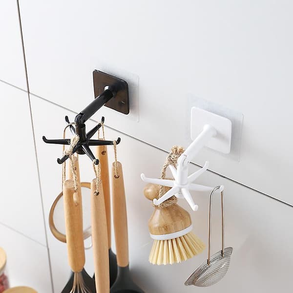 Kitchen Utensil Holder, 1 Piece 360 Rotating Self-Adhesive Kitchen Holder Storage Rack No Drilling with 6 Hooks Kitchen Utensils