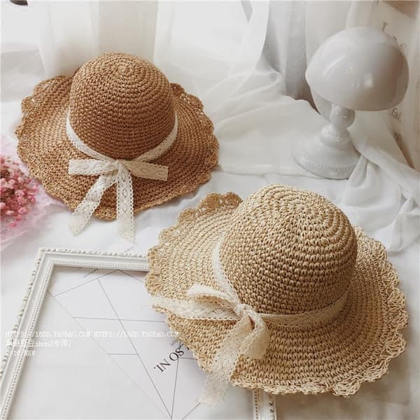 Wide Brim Soft Foldable Lace Bow Straw Hat (Beige), UV Protection