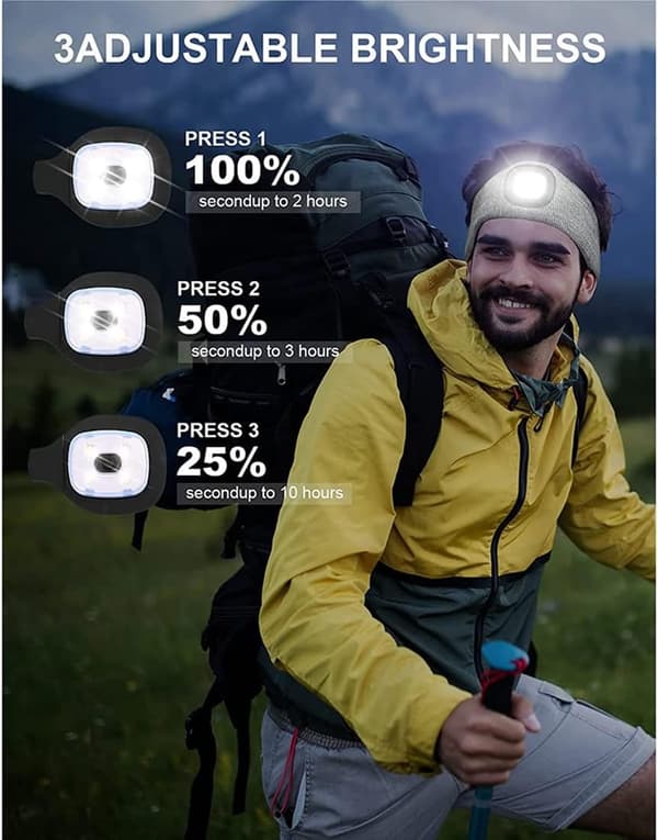 Sportpannebånd med LED-lys, USB-oppladbar hodelykt for utendørs synlighet, 4 LED-lys, Grå