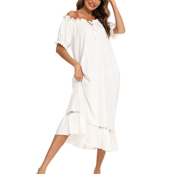 Nattlinnen för kvinnor Hem Pyjamas Nattlinne med snörning Kortärmad Lång sovklänning Badrum Vit Storlek: L