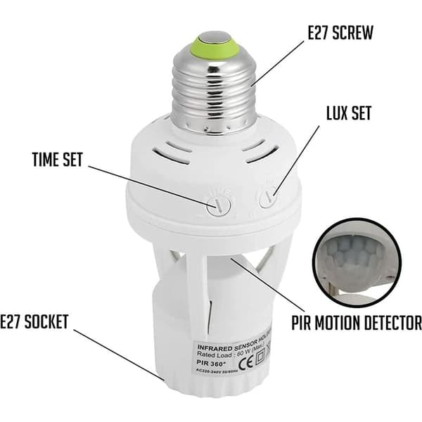 PIR motion sensor E27 light bulb with time and light adjustment for indoor use