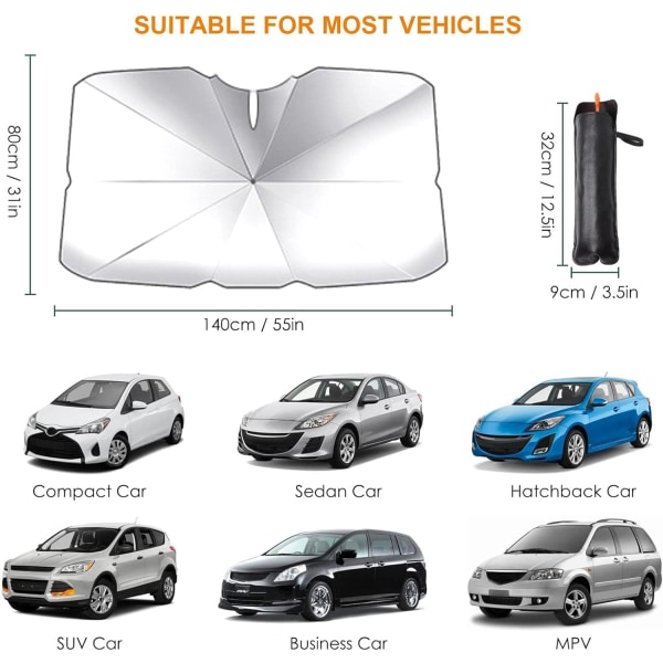 Taitettava aurinkosuoja-sateenvarjo auton tuulilasiin - heijastava