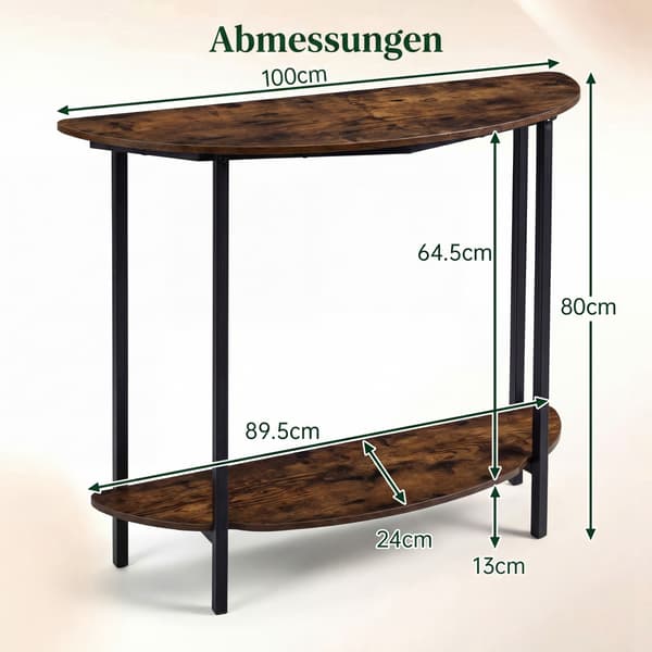 Halvmåneformet konsolbord med 2 hylder, rustik brun