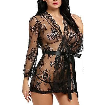 Sexiga spetsunderkläder för damer, nattlinne, sovplagg, stringtrosa, babydoll underklädesset (2XL Svart)