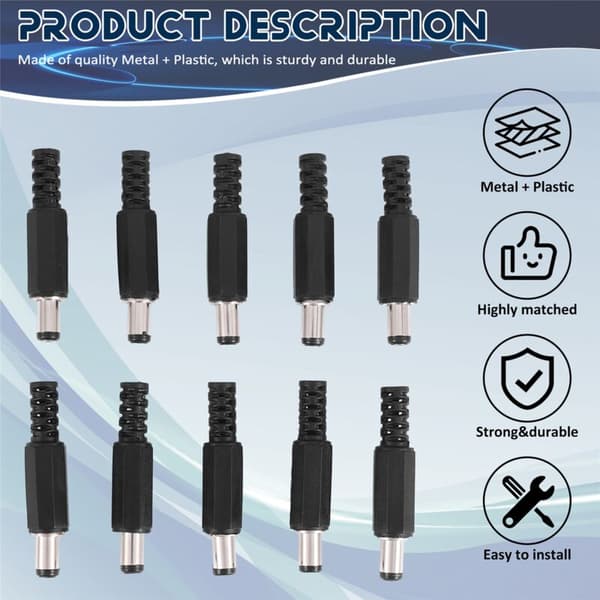 10 stk 5,5 x 2,1 mm hanlodde DC-tøndestik lige stik til DC-strømforsyning LED-afbryder sort