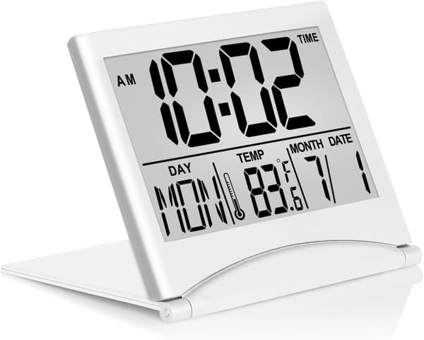 Digital Travel Alarm Clock - Foldable Calendar & Temperature & Timer LCD Clock - Large Digit Display - Compact Desk Clock (White)