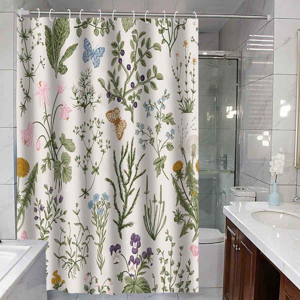 Vintage Kukallinen Suihkuverho, Salviinvihreä Retro Kasvitieteellinen Suihkuverhosetti, Boho Kasvit Yrtit Kukka Perhonen Esteettinen Suihkuverho 180*230cm