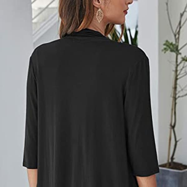 Sort cardigan til kvinder, 3/4-ærme, asymmetrisk kant, afslappet top til efterår og vinter