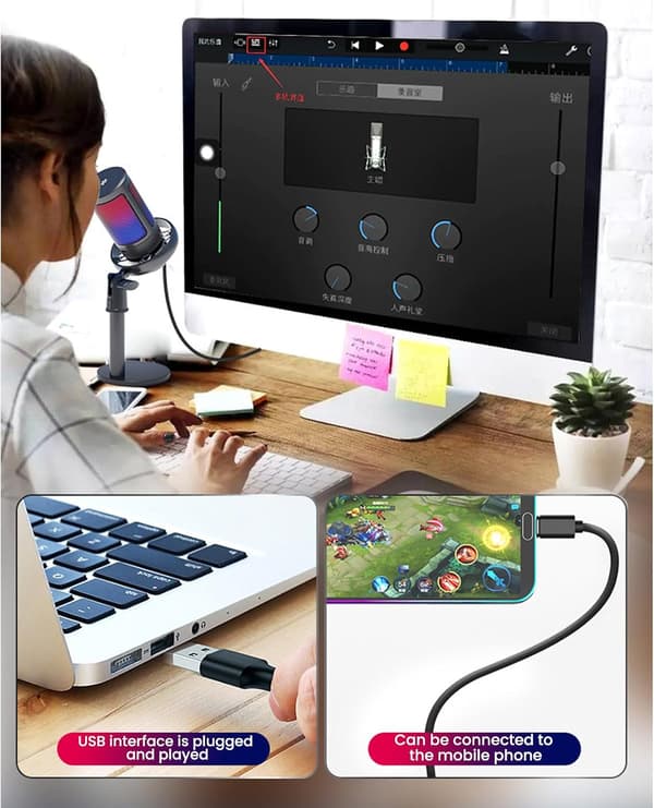 RGB Gaming Microphone for Computer USB PC PS4 PS5 Mac Phone Podcast Microphone with Touch Mute Gain Control for Streaming Recording Black