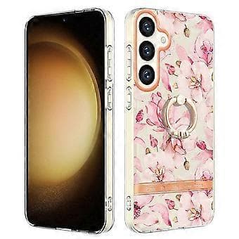 Compatible Back Cover for Samsung Galaxy S24 with Ring Stand Flower Pattern Electroplated TPU Case (Pink)