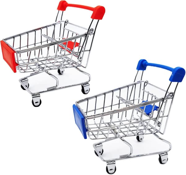 2 stk Mini Indkøbsvogn Supermarkedsvogn Indkøbsvogn Mode Opbevaringslegetøj, Blå og Rød