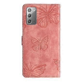 Compatible with Samsung Galaxy Note 20 Embossed Butterfly Case with Wallet and Stand Function - Rose Pink Pink