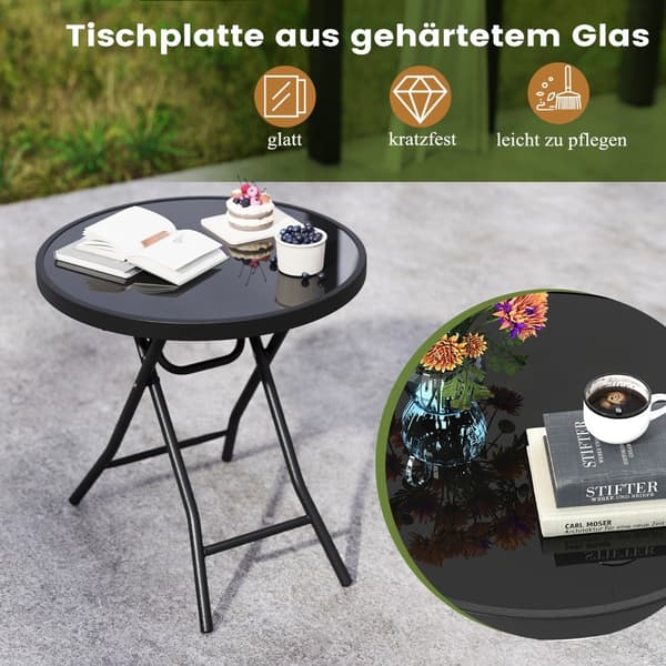 Rundt terrasse sofabord med hærdet glasplade og metalramme, foldbart sidebord, sort