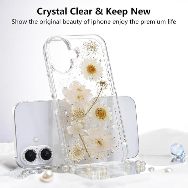 (Daisy) Blomsteretui til iPhone 16 Transparent etui med ægte tørrede blomstermønstre, glitrende sødt blomsterdesign til kvinder og piger