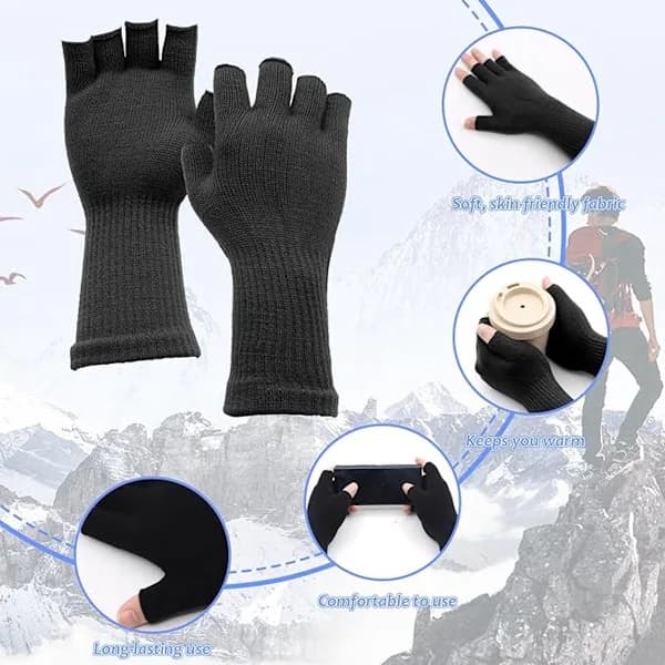 Fingerløse handsker 2-pak - Lange strikkede halvfingerhandsker til efterår og vinter - Sort og grå - One size fits all - Med håndledsrem