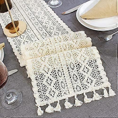 9,5\"x 71\" Beige Makramé Bordslöpare Rektangulär Virkad Spets Elegant Ihålig Mesh Duk för Rustik Boho Bröllopsdekor Brud & Baby
