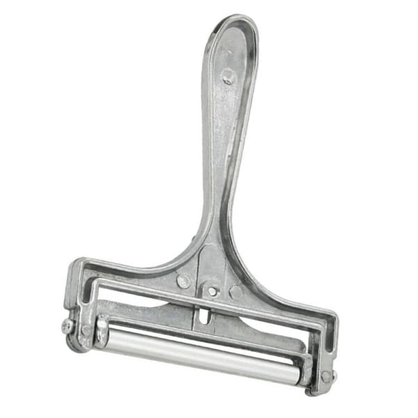 Cheese slicer with roller and cutting wire, variable slice thickness, stainless steel/aluminum, retro design, rotating disc, silver