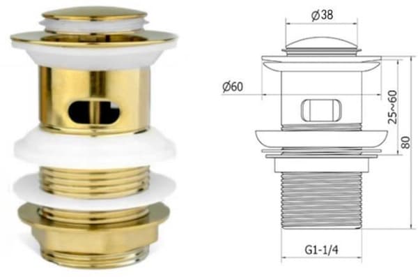 Replacement Basin Waste with Gold Slotted | Premium Brass Hinged Basin Plug | Standard G 1 1/4\" BSP Connection | 1 pc.