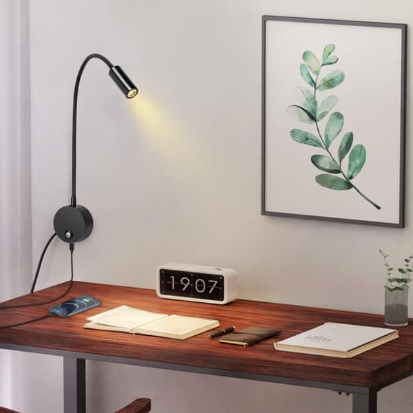 Wall Reading Lamp, LED Wall Lamp with Dimmable Touch Switch and USB Charging Port, 3W 360° Rotatable Bedside Reading Lamp with Plug and Cable for