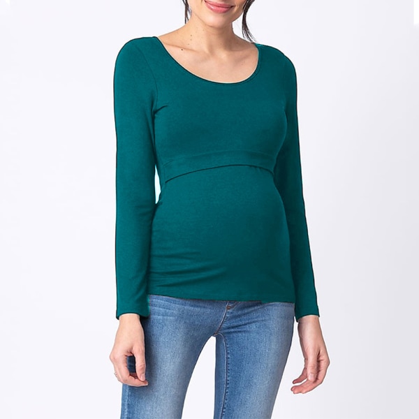 Ny mammakläder långärmad rundhalsad Four Seasons Bottoming Nursing T-shirt - Mörkgrön XL