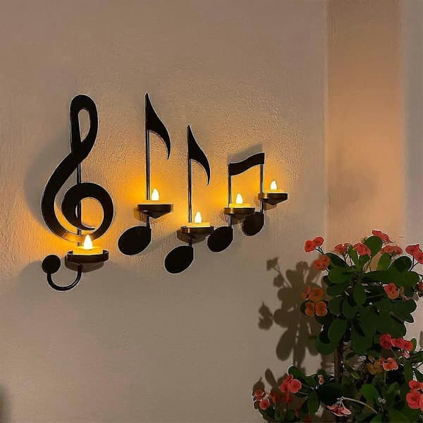4 pcs Black Wall Sconces with Music Notes, Left Key Candlesticks Compatible with Music Notes, Treble Clef, Wall Decor, Vintage Candlestick