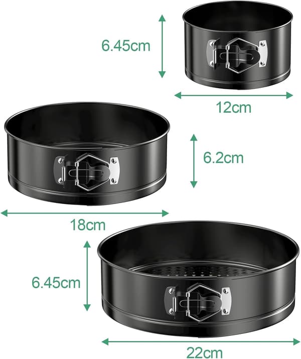 3 stk Runde Springformer, 12/18/22cm Runde Kakeformer, Non-Stick Sett Rustfritt Stål Springformer Avtakbar Bunn