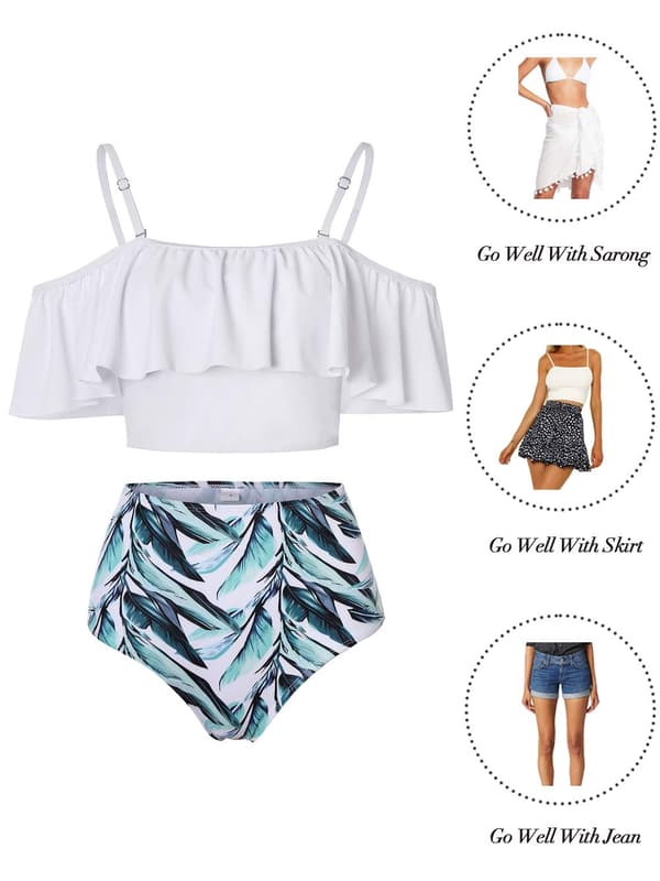 Højtaljet flæse bikini sæt, mavekontrol badedragter M