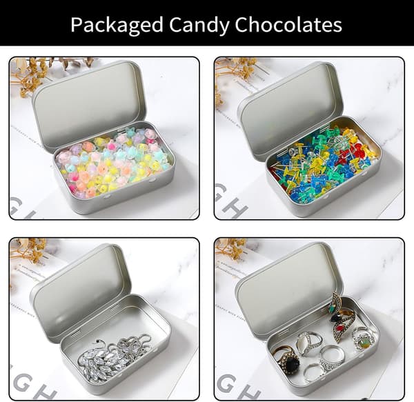 Small Metal Tins with Lids - Rectangular Empty Hinged Tins for Candy, Keys, Earrings, Jewelry (Silver)