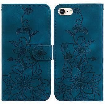 Compatible with iPhone SE 2020 Embossed Lily Wallet Case with Card Holder PU Leather Flip Case - Blue Blue Blue
