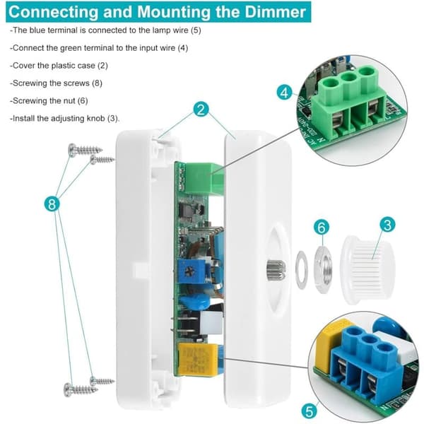 Justerbar LED-dimmer 100W 220V for glødelamper halogenlamper hvit