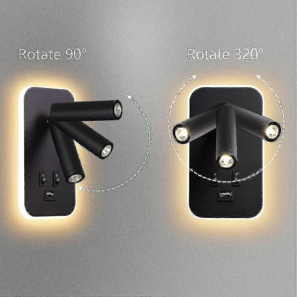 LED Wall Lamp, Bedside Lamp with Switch, USB Charging Port, Mood Lighting for Bedroom Adjustable Spotlight Black