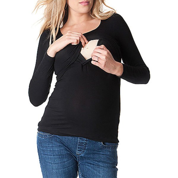 Ny gravid-t-skjorte med lange ermer, rund hals, fire årstider med bunn – Svart L