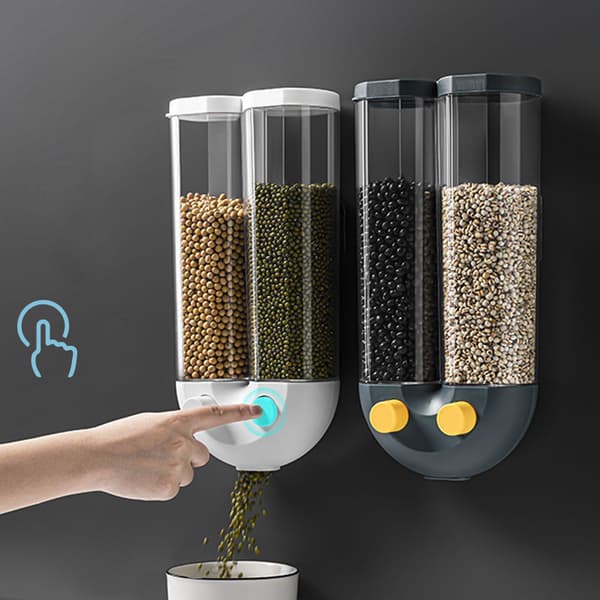 Kitchen Cereal Dry Food Dispenser Divided Sealed Storage Container 2 Grids Wall Mounted Food Storage Containers-White
