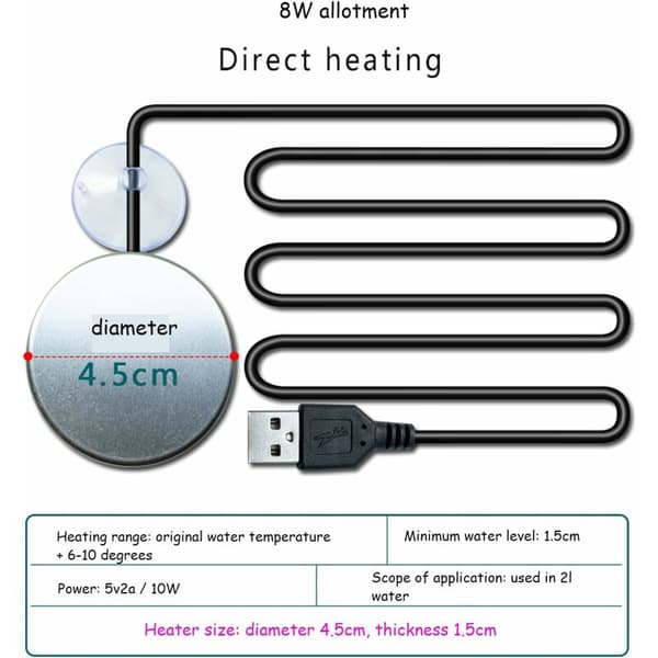 Mini USB Aquarium Heater 5V 10W, Automatic Constant Temperature, Waterproof & Durable, Compatible with Small Aquariums (Continuous Heating)