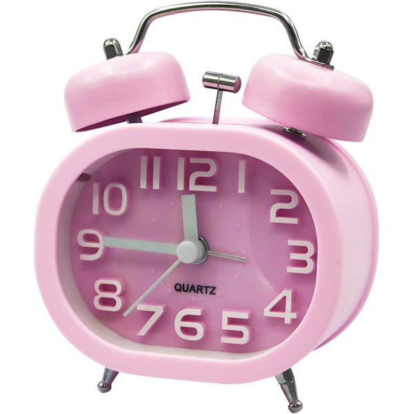 Rosa retro analog väckarklocka kvartsväckarklocka tyst icke-tickande batteridriven dubbelklocka med nattlampa och högt alarm