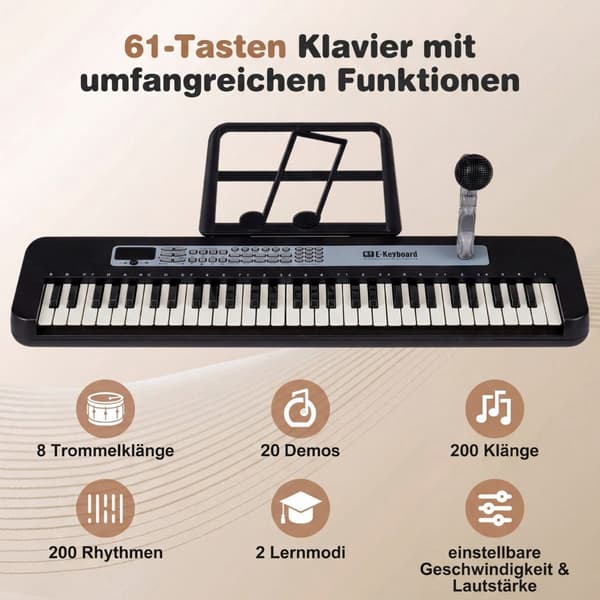 61-tangenters barnepiano med justerbart stativ og mikrofon
